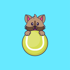 Cute cat playing tennis. Animal cartoon concept isolated. Can used for t-shirt, greeting card, invitation card or mascot. Flat Cartoon Style