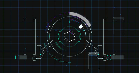 Image of scope scanning and data processing aver grid on black background