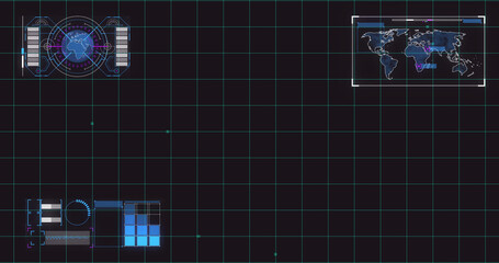 Image of scope scanning and data processing with world map and grid on black background