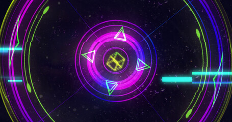Image of flickering glowing scope scanning and geometric figures spinning on purple background