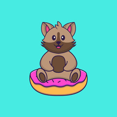 Cute cat is sitting on donuts. Animal cartoon concept isolated. Can used for t-shirt, greeting card, invitation card or mascot. Flat Cartoon Style
