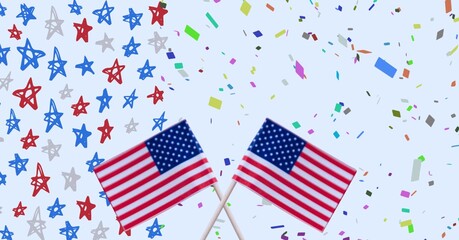 Composition of crossed american flags, over blue and red stars and confetti, on white