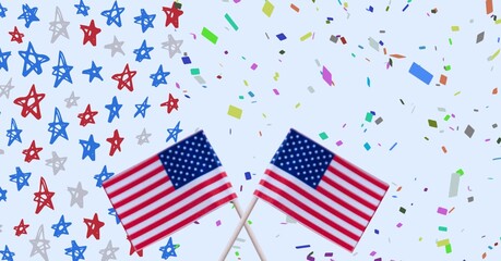 Obraz premium Composition of crossed american flags, over blue and red stars and confetti, on white