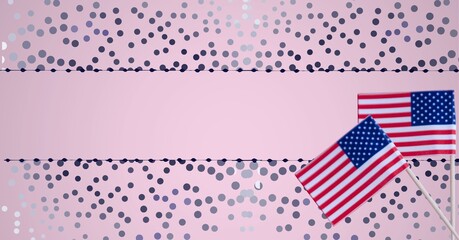 Fototapeta na wymiar Composition of american flags, over silver dots, on pink