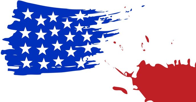 Composition of blue paint splash with white stars with red of american flag, on white