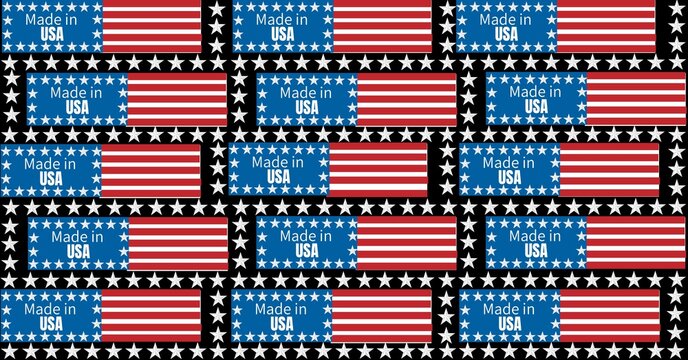 Composition of text made in usa, on stars and stripes of american flag, repeated