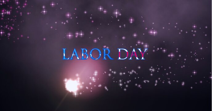 Composition of text labor day in stars and stripes, over sparklers and stars in night sky