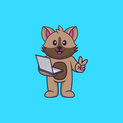 Cute cat holding laptop. Animal cartoon concept isolated. Can used for t-shirt, greeting card, invitation card or mascot. Flat Cartoon Style