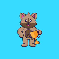 Cute cat holding gold trophy. Animal cartoon concept isolated. Can used for t-shirt, greeting card, invitation card or mascot. Flat Cartoon Style