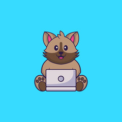 Cute cat using laptop. Animal cartoon concept isolated. Can used for t-shirt, greeting card, invitation card or mascot. Flat Cartoon Style