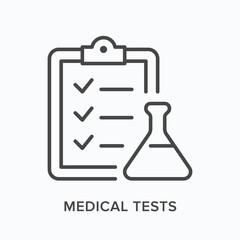 Medical test flat line icon. Vector outline illustration of clipboard and flask. Black thin linear pictogram for clinic report