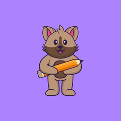 Cute cat holding a pencil. Animal cartoon concept isolated. Can used for t-shirt, greeting card, invitation card or mascot. Flat Cartoon Style