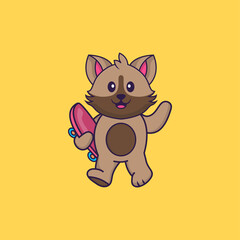 Cute cat holding a skateboard. Animal cartoon concept isolated. Can used for t-shirt, greeting card, invitation card or mascot. Flat Cartoon Style
