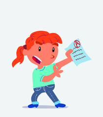 cartoon character of little girl on jeans arguing effusively with exam in hand.