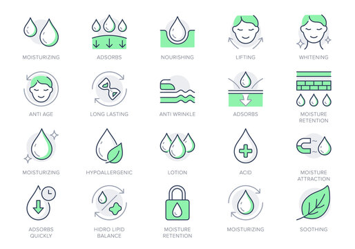 Cosmetic properties line icons. Vector illustration include icon - cream, body lotion, lifting, moisture, anti wrinkle outline pictogram for skincare product. Green color, Editable Stroke