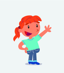 cartoon character of little girl on jeans explaining something while pointing.
