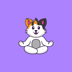 Cute cat is meditating or doing yoga. Animal cartoon concept isolated. Can used for t-shirt, greeting card, invitation card or mascot. Flat Cartoon Style