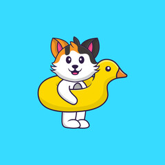Cute cat With Duck buoy. Animal cartoon concept isolated. Can used for t-shirt, greeting card, invitation card or mascot. Flat Cartoon Style