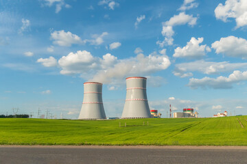 Fototapeta na wymiar Belarusian nuclear power plant in Ostrovets on a sunny summer day, Belarus 2021