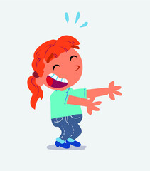 cartoon character of little girl on jeans laughing a lot while showing something
