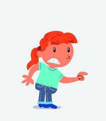  cartoon character of little girl on jeans pointing something aggressively.
