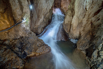 Stunning view waterfall of Stopica cave in Zaltibor, Serbia.