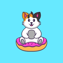 Cute cat is sitting on donuts. Animal cartoon concept isolated. Can used for t-shirt, greeting card, invitation card or mascot. Flat Cartoon Style