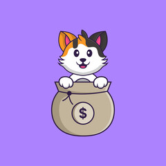 Cute cat playing in money bag. Animal cartoon concept isolated. Can used for t-shirt, greeting card, invitation card or mascot. Flat Cartoon Style
