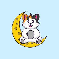 Cute cat is sitting on the moon. Animal cartoon concept isolated. Can used for t-shirt, greeting card, invitation card or mascot. Flat Cartoon Style