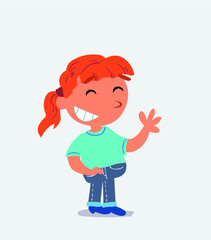 cartoon character of little girl on jeans waving informally while laughing