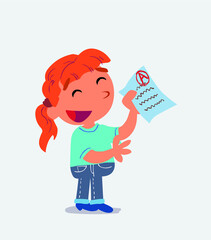happy cartoon character of little girl on jeans explaining something with exam in hand.