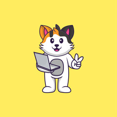 Cute cat holding laptop. Animal cartoon concept isolated. Can used for t-shirt, greeting card, invitation card or mascot. Flat Cartoon Style