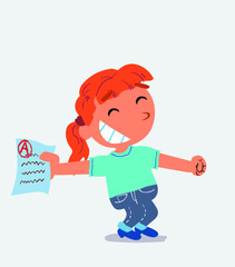 happy cartoon character of little girl on jeans rejoices with exam in hand