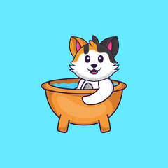 Cute cat taking a bath in the bathtub. Animal cartoon concept isolated. Can used for t-shirt, greeting card, invitation card or mascot. Flat Cartoon Style