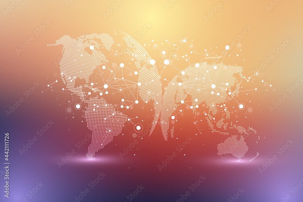 Aufkleber World map point with global technology networking concept. Digital data visualization. Lines plexus. Big Data background communication. Scientific illustration.