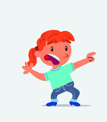 Scared cartoon character of little girl on jeans points to the side