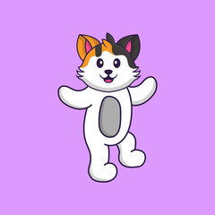 Cute cat is dancing. Animal cartoon concept isolated. Can used for t-shirt, greeting card, invitation card or mascot. Flat Cartoon Style