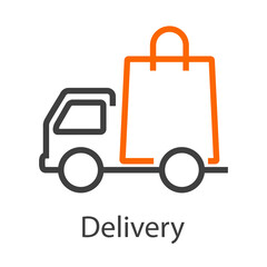 Logo con texto Delivery con camión de transporte con bolsa de la compra con lineas en color gris y naranja