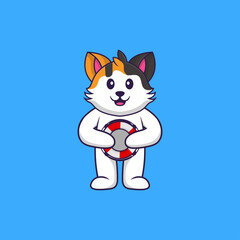 Cute cat holding a buoy. Animal cartoon concept isolated. Can used for t-shirt, greeting card, invitation card or mascot. Flat Cartoon Style