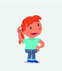 Thoughtful cartoon character of little girl on jeans scratching his head