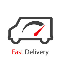 Logo con texto Fast Delivery con contorno de camión de transporte con velocímetro en color gris y rojo