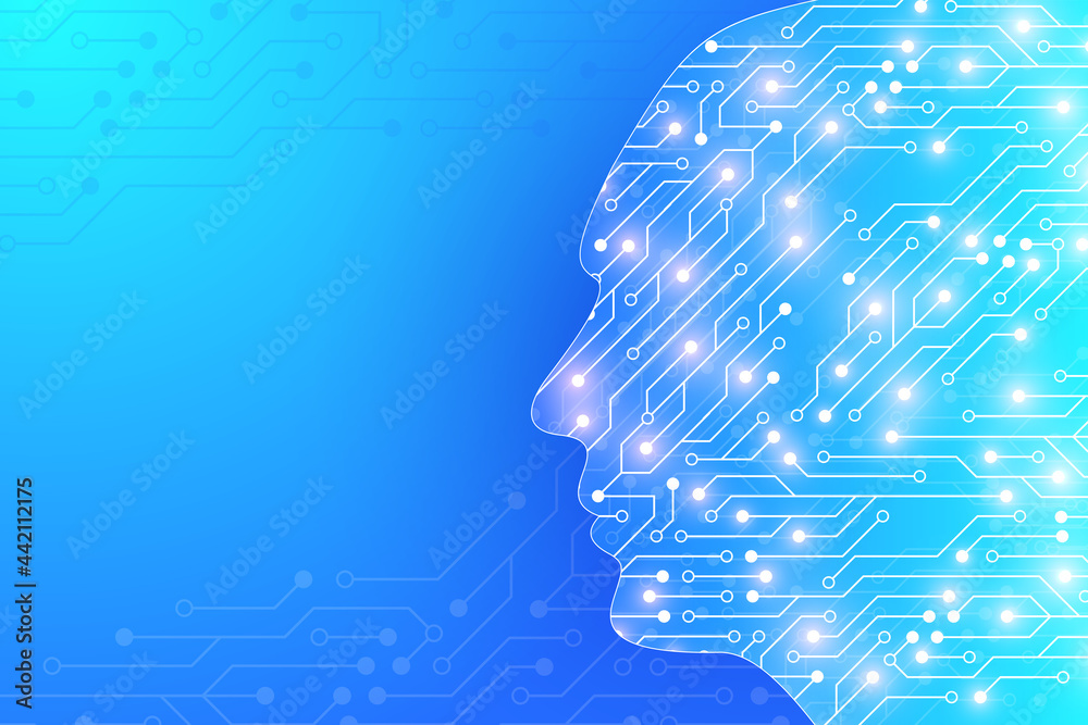 Poster artificial intelligence and machine learning illustration concept. human head outline with brain, il