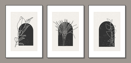 Set of minimalist botanical branch with leaves abstract collage