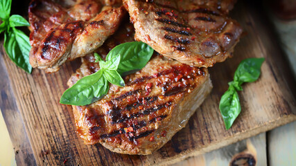 Selective focus. Appetizing juicy grilled steak. Close-up.