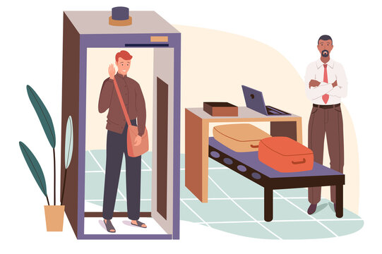 Airport web concept. Passenger at security control, goes through metal detector gate, officer inspects baggage on scanner tape. People scenes template. Vector illustration of characters in flat design