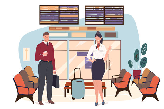Airport web concept. Stewardess is preparing for flight. Air hostess with luggage and man passenger standing waiting hall. People scenes template. Vector illustration of characters in flat design