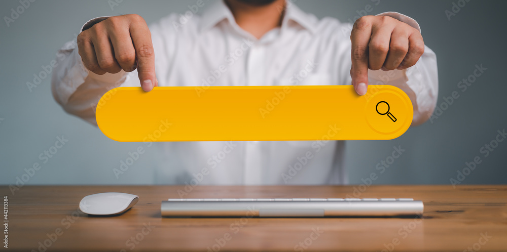 Leinwandbilder Data Search Technology Search Engine Optimization. man's hands showing search bar and a computer keyboard and mouse to Searching for information. Using Search Console with your website.
