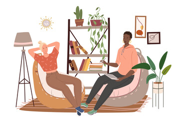 Modern comfortable interior of living room web concept. Women sit in chairs bags, bookshelf with books and decor, home plants. People scenes template. Vector illustration of characters in flat design