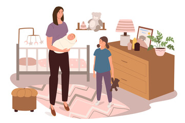 Modern comfortable interior of children bedroom web concept. Mom with newborn and daughter are in room with crib, toys, decor. People scenes template. Vector illustration of characters in flat design
