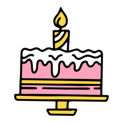 Cute baby cake icon with candle in cartoon hand drawing style